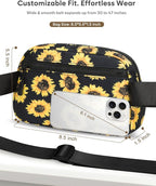Pritent Fanny Packs for Women Cross Body Bag Waterproof Belt Bag with Adjustable Strap and Zipper Back Pocket Small Crossbody Bags Fashion Waist Packs for Workout Travelling(Sunflower)