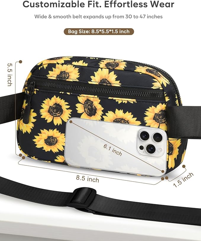 Pritent Fanny Packs for Women Cross Body Bag Waterproof Belt Bag with Adjustable Strap and Zipper Back Pocket Small Crossbody Bags Fashion Waist Packs for Workout Travelling(Sunflower)