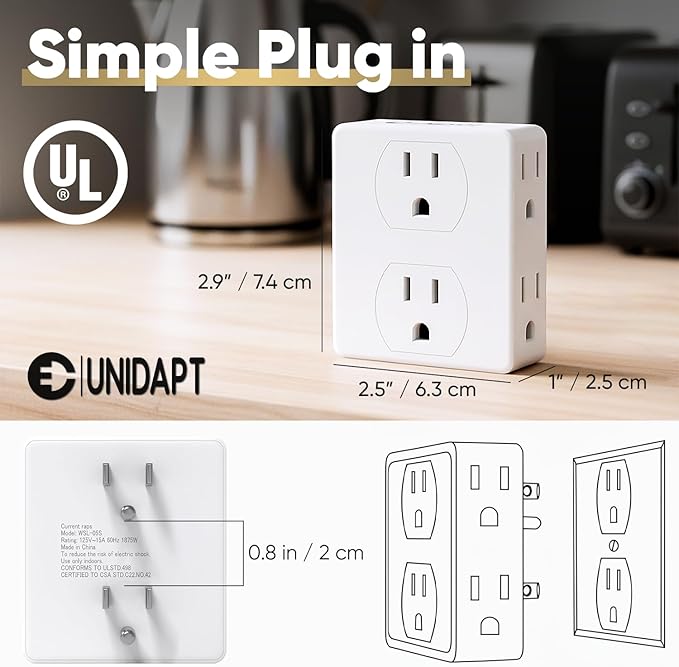 Multi Plug Outlet Splitter, Unidapt Multiple Outlets Extender Adapter with 6 AC Power Socket, Side Splitter Box, Wall Tap Plug Expander for Home Hotel Office Dorm Essentials 1-Pack, White