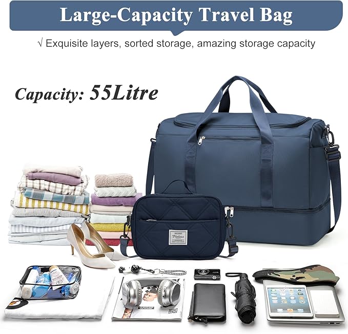 Extra Large Travel Duffle Bag,Carry on Overnight Bag with Shoes Compartment,Weekender Bags for Women for Travel Business Trips Sport Hospital,3 Pcs Set,Dark Blue