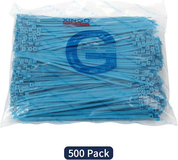 XINGO 8 Inch Blue Cable Zip Ties (500 Pack), 40 Lbs Tensile Strength-Heavy Duty, Self-Locking Nylon Plastic Nylon Wire Ties for indoor and outdoor use