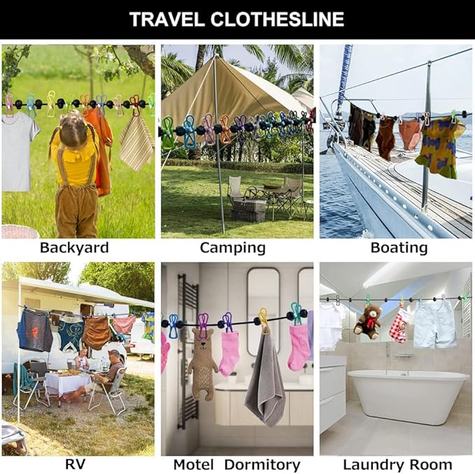 Clothesline，Retractable Portable Clothesline for Travel，Clothing line with 12 Clothes Clips，for Indoor and Outdoor Laundry Drying line，Outdoor Camping Accessories