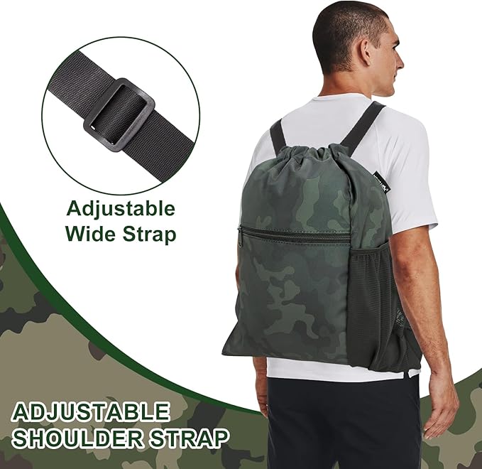 HOLYLUCK Men & Women Outdoor Sport Gym Sack Waterproof Drawstring Backpack Bag (Standard with width webbing, Black Camo-1)
