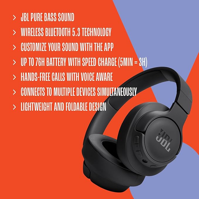 JBL Tune 720BT - Wireless Over-Ear Headphones with JBL Pure Bass Sound, Bluetooth 5.3, Up to 76H Battery Life and Speed Charge, Lightweight, Comfortable and Foldable Design (Purple)