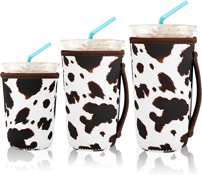 KJQJLY 3 Pack Reusable Iced Coffee Sleeves for Iced Coffee Cups or Drinks Reusable Neoprene Insulated Sleeves for Hot and Cold Drinks from Starbucks, Dunkin, And More (Brown cow)