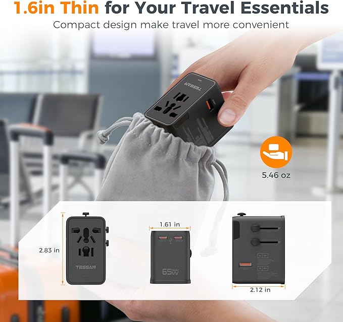 TESSAN Universal Travel Adapter, 65W International Power Adapter with 4 USB Charging Ports (2 USB C), Worldwide Plug Adaptor for US to Europe UK Italy Spain France Ireland Australia (Type C G A I)