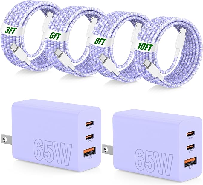65W Super Fast Charging USB C for iPhone 17 16 Pro Max,3 Port 100W USB C Charger Block & 3/6/6/10FT Braided Type C Cord for iPhone 17 16 Pro,iPhone 15 Pro Max,for Samsung S26 Ultra/MacBook Air-Purple