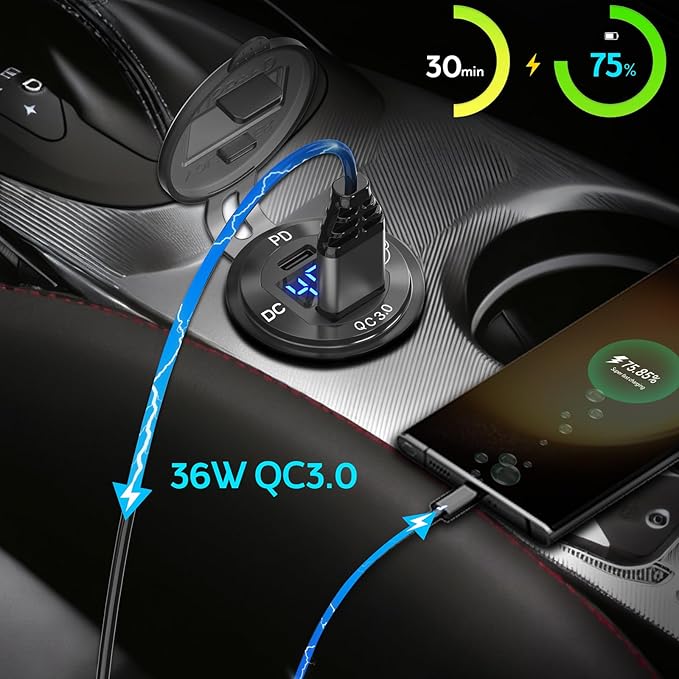 2 Pack High Voltage USB Outlet 12V 24V 36V 48V 60V Aluminum Car Charger Socket, PD 30W USB C and QC 36W Car USB Port Waterproof Cigarette Lighter Power Adapter DIY Kit with Switch for Ship Truck, etc.