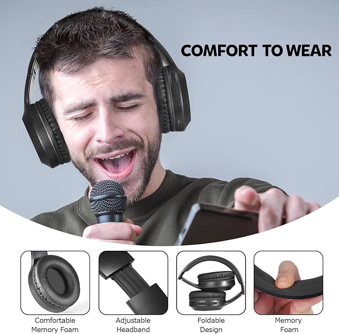 Rydohi Bluetooth Headphones Over Ear, 68H Playtime and 3 EQ Music Modes Wireless Headphones with Microphone/Deep Bass, HiFi Stereo Foldable Lightweight Headset for PC Home Travel Office （Black