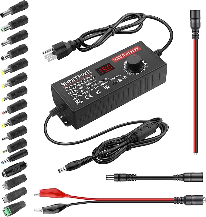 SHNITPWR Variable Universal Power Supply Adjustable DC 4V-24V 144W 6A AC/DC Adapter 100-240V AC to DC Converter with 16 Tips,Alligator Clips,DC Pigtail Power Cable, for LED Strip,CCTV,Camera,Radio
