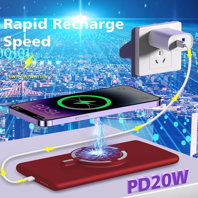Magnetic Battery Pack for iPhone /17/16/15/14/13/12 Series, 10,000mAh Mag-Safe Battery Pack, Slim Mag-Safe Power Bank Charger, Power Bank Magnetic Charger for iPhone (Red)