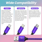 Multi Charging Cable [2Pack 4FT], 3 in 1 Charging Cable USB-A Multi Charger Cable, Braided Multiple Charger Cord with Type-C, Micro USB and IP Port for iPhone 16/15 Series/Cell Phones and More-Purple