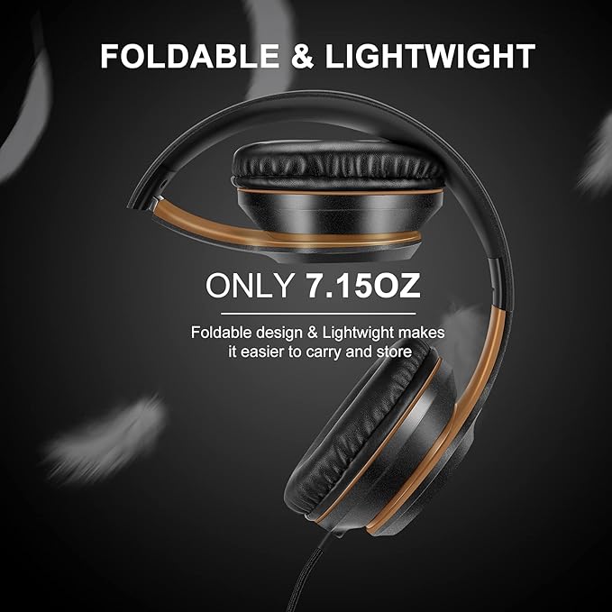 Lorelei X8 Over-Ear Wired Headphones with Microphone with 1.45m-Tangle-Free Nylon Line&3.5mm Plug,Lightweight Foldable & Portable Headphones for Smartphone,Tablet,Computer,Mp3/4(Black-Gold)
