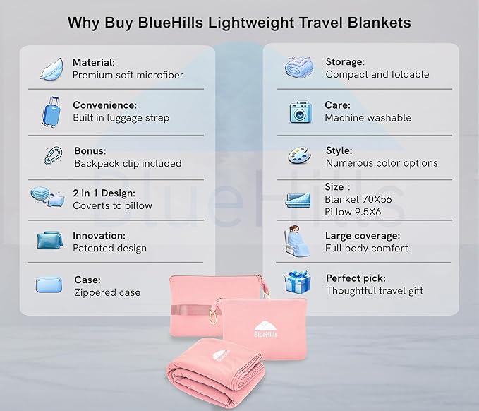 BlueHills Travel Blanket Pillow Compact Lightweight Pocket Size Airplane Traveling Essential Flight Trip Throw in Bag Portable Case Plane Accessory Pink L02