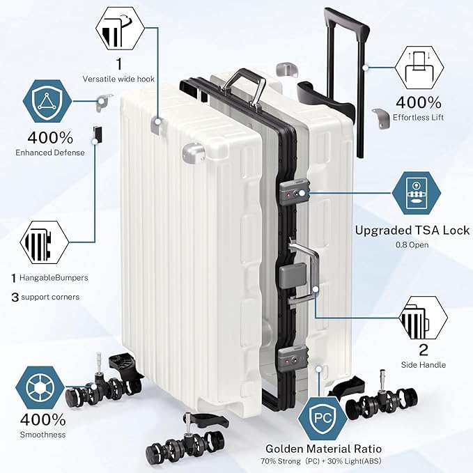 Krute Aluminum Frame Luggage 28 Inch Checked Suitcase with Spinner Wheels TSA Approved No Zipper Hard Shell Luggage PC+ABS Travel Suitcase White