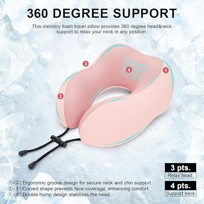 urnexttour Travel Pillow for Airplane Memory Foam Neck Pillow, Soft & Support Travel Pillow for Travelling, Sleeping Rest, Car, Train and Home Use (Pink)