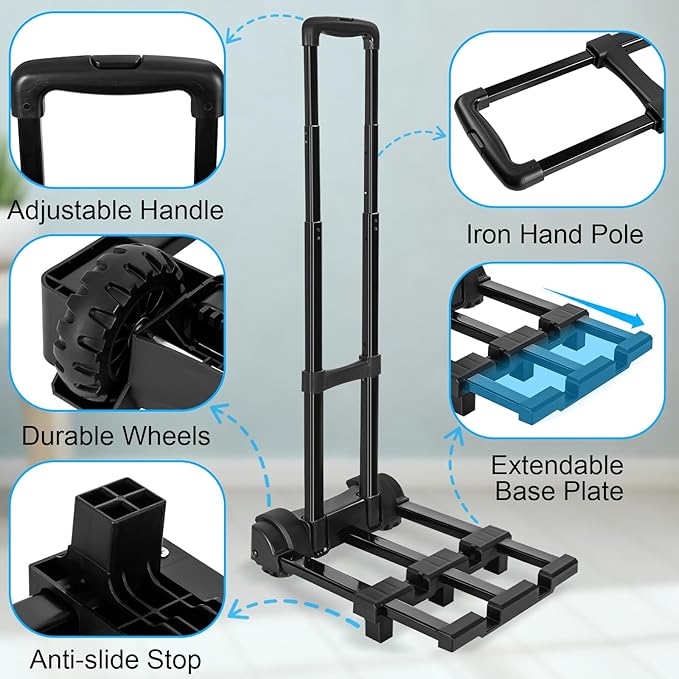Folding Hand Truck, Foldable Luggage Cart Folding Trolley Dolly with Two Wheels Backpack Trolley with Extendable Chassis Telescopic Rod Utility Cart for Travel Moving Travel Bag, Luggage (Black)