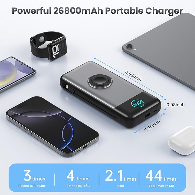 FOCHEW Portable Charger for iPhone with Built-in Cables and AC Wall Plug,26800mah Fast Charging USB C Power Bank,25W PD Travel Essential Battery Pack for iPhone 17/16/15/14/13/12,Galaxy,Apple Watch
