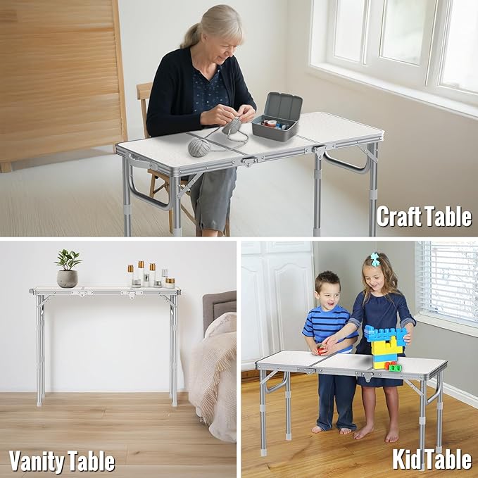 GARLLEN Folding Camping Table, 3-Height Adjustable Portable Folding Camping Table with Storage Bag, Lightweight Picnic Aluminum Table for Camping, BBQ, Outdoor, 34.2" L x 15.7" W, Silver