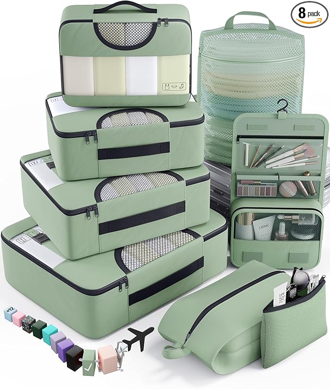 Veken 8 Set Packing Cubes for Travel Essentials, Suitcase Organizer Bags in 4 Sizes, Carry-On Luggage Accessories with Large Laundry & Hanging Toiletry Bag, Must-Have for Airplane, Road Trip & Camping