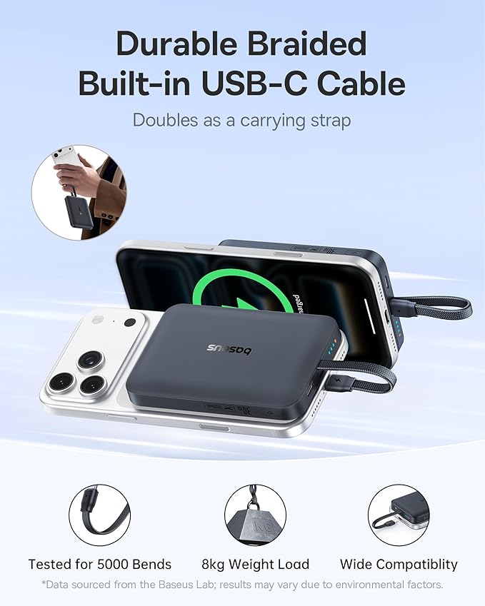 Baseus 0.3" Ultra Slim 5000mAh MagSafe Portable Charger Bundle with 10,000mAh 30W Magnetic Portable Charger Built-in Braided USB-C Cable for iPhone 17 Pro Max/Air/16/15/14/13, AirPods, iPad