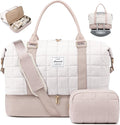 LOVEVOOK Travel Duffel Bag - Versatile Weekender Bag for Women, Puffer Carry On & Overnight Bag for Short Trips, White/Nude