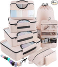 8 Set Packing Cubes for Luggage,Suitcase Organizer in 4 Sizes with Hanging Toiletry Bag and Large Laundry Bag, Carry-On Luggage with Accessories Bag, Cream