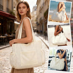 Corduroy Tote Bag for Women,Large Capacity Cute Tote Bags With 6 Pockets,Crossbody Shoulder Handbag for Work Travel Gym