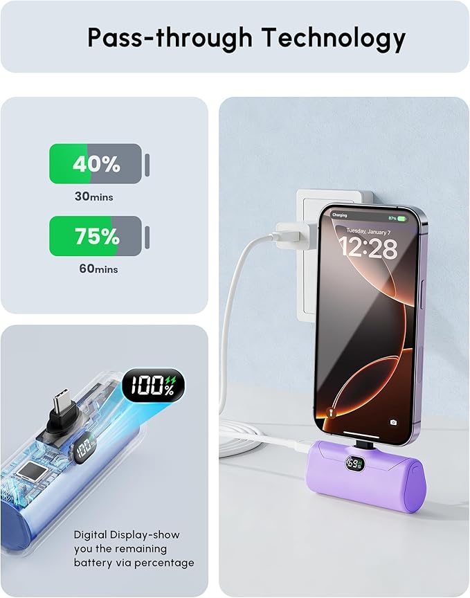 Handy Purple USB C Power Bank Portable Phone Charger With Stand, 5000mah Mini Battery Pack Backup Charger with Digital Display for iPhone 17/16/15 series, Littile Mobile Charger for Samsung/Google/LG