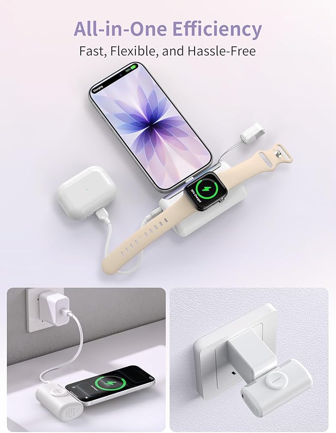 RORRY PalmGo Portable Charger, 10000mAh PD 22.5W Fast Charging Mini Power Bank with Built-in USB C Connector, 3-in-1 Battery Pack for iPhone 17/16/15 Pro/Max, Apple Watch Ultra/11/10/SE, iPad, Green