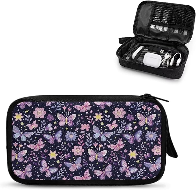 Purple Butterfly Electronic Organizer Cable Organizer Bag Travel Bag Cable Organizer Pouch Electronic Accessories Carry Case for SD Card Charger Phone Earphone Tech Pouch