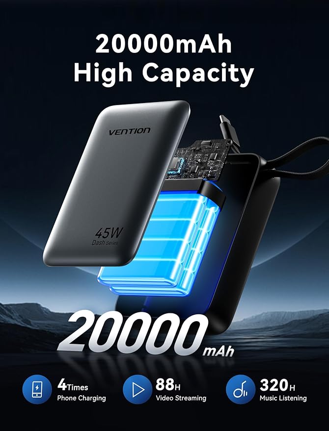 VENTION 45W Power Bank, CCC Certified 20000mAh with Built-in USB-C Cable, Fast Charging Travel Portable Charger with LED Digital Display for iPhone 17/16/15 Xiaomi Galaxy S26/S25 iPad Laptop(Beige)