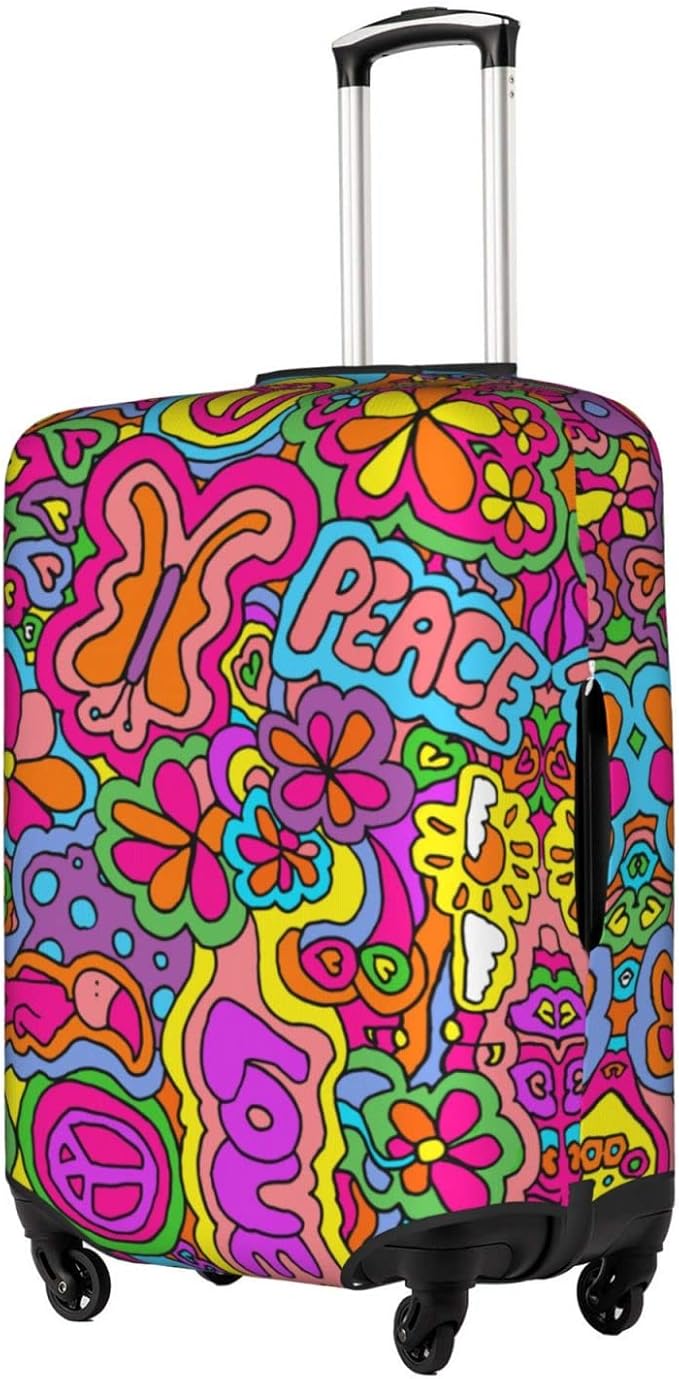 Travel Luggage Cover Suitcase Protector, Peace Sign Psychedelics Trippy Washable Elastic Stretchy Anti-scratch Travel Luggage Sleeve with Concealed Zipper for Wheeled Suitcase Fits 18-21 Inch Luggage