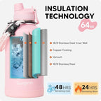 Swigina [2-IN-1 LID] 64 oz Insulated Water Bottle with Silicone Boot (48hrs Cold/24hrs Hot) - DIY Stickers, Leakproof, BPA Free, Half Gallon
