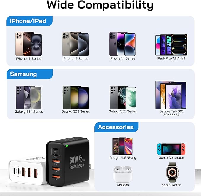 2Pack USB C Fast Charger Block, Total 60W 5-Port USB C Wall Charger 30W Type C Charging Block, 2USB C+3USB A PD 3.0 Multiport Charging Cube for iPhone 17 16 15 14 Pro Max, G-alaxy S26 S25 Ultra, i Pad