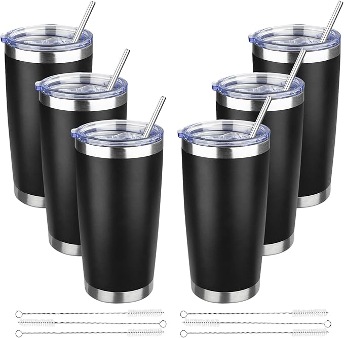 20 oz Tumbler with Lids and Straws, Stainless Steel Insulated Travel Coffee Mug, Double Wall Vacuum Insulated Tumblers, Powder Coated Coffee Tumbler for Cold & Hot Drinks (Black,6pack)