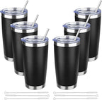 20 oz Tumbler with Lids and Straws, Stainless Steel Insulated Travel Coffee Mug, Double Wall Vacuum Insulated Tumblers, Powder Coated Coffee Tumbler for Cold & Hot Drinks (Black,6pack)