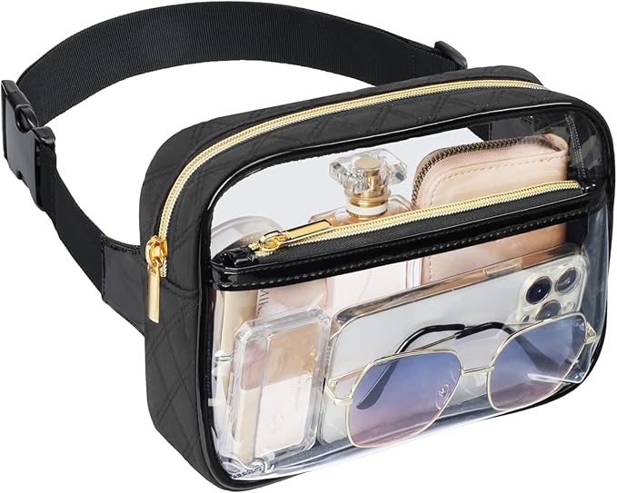 Packism Clear Fanny Pack for Women Stadium Approved - Quilted Clear Belt Bag, Adjustable Strap Fits 35-51 Inches, Transparent Waist Bag for Sports Concerts Festivals, Black