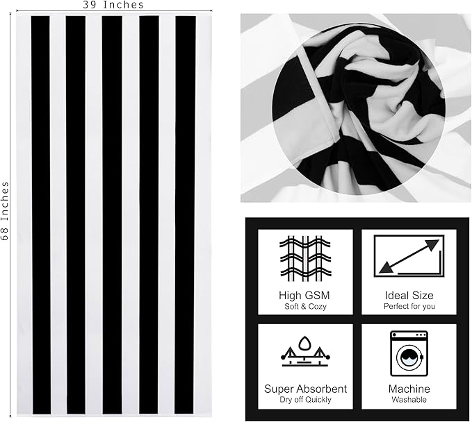 COTTON CRAFT Oversized XL Beach Towel - 2 Pack 39 x 68 inches Big & Huge Beach Blanket Towel - 100% Cotton Velour Thick Plush 450 GSM Super Soft Luxury - Pool Picnic Bath Towel - Cabana Stripe Black