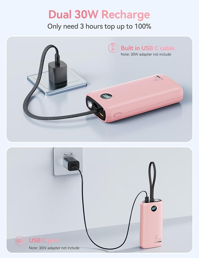 Portable Charger, 45W 20000mAh Power Bank with in/Out Fast Charging USB C Cable, 3W Flashlight, LED Display, Portable Battery Pack Travel Essentials for iPhone 17/16/15, Android Phone, Tablet, Laptop