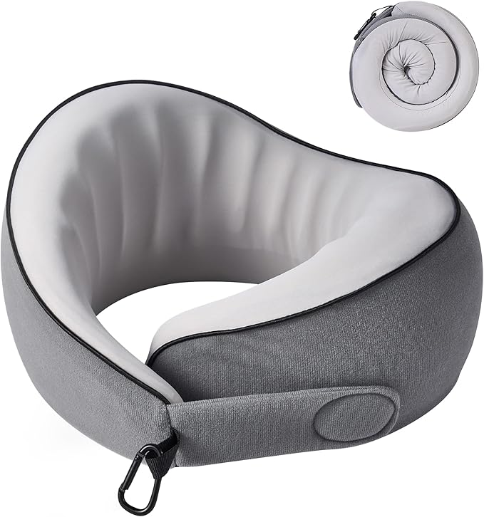 KPNEOL Travel Pillow, 100% Pure Memory Foam Travel Neck Pillow Airplane Neck Support Ergonomic Design for Traveling Suitable for Airplanes,Offices and Cars-Cooling Silk Grey Cover