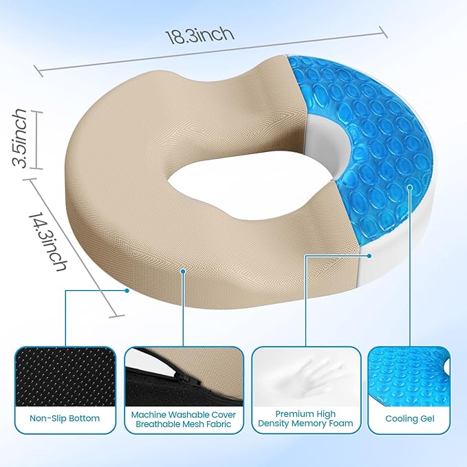Donut Pillow Seat Cushion - Cooling Gel Donut Chair Cushions, Memory Foam Seat Cushion for Office & Home, Car Seat Cushion and Butt Pillow, Hemorrhoids Pillow and Tailbone Pain Relief, Khaki