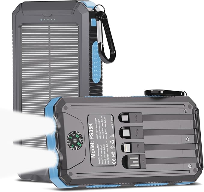 Power Bank Solar Charger 20,000mAh, Portable Phone Charger, 4 Cables Outdoor Waterproof External Backup Power Charger with USB-C for Cell Phones, Solar Battery Pack with Dual Flashlight for Camping