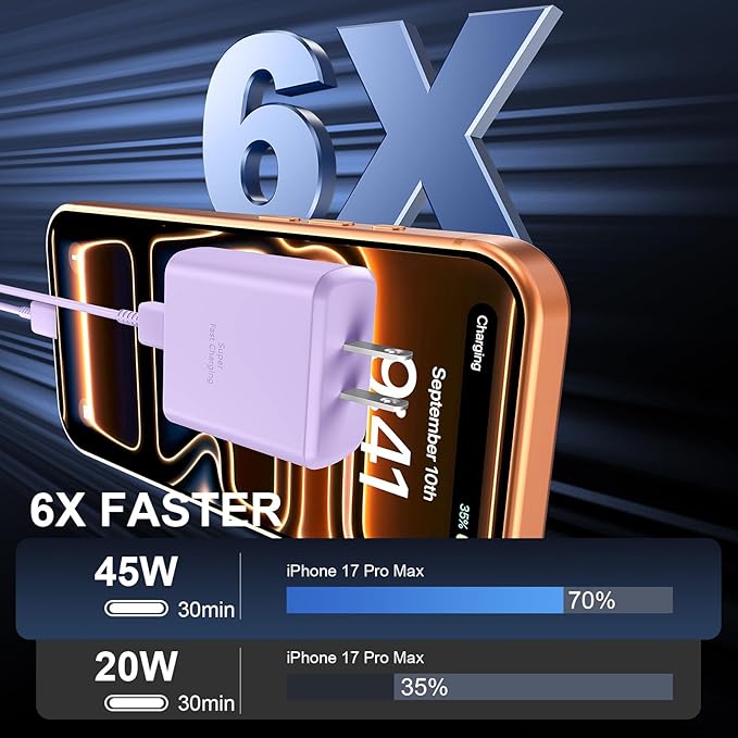 Phone 17 16 Pro Max Charger Fast Charging, 45W USB C Phone 17 16 Super Fast Charger Block with 10ft Long Type C Charging Cable Cord for i.Phone 17 Pro Max/17 Pro/17 Air/17/16/16Pro/16 Pro Max-Lavender