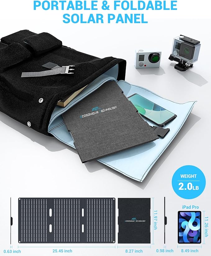 Ecosonique 30W Solar Panel Charger Portable Foldable, USB-C & USB-A Charging, ETFE IP67 Waterproof, Compatible with Cell Phones, iPhone, iPad, Samsung, LG, Power Banks, for Camping, Outdoor, Travel