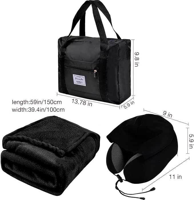 Travel Blanket Pillow Set - Travel Neck Pillow & Blanket for Airplane, Thick Fleece Plane Blanket, Hooded Memory Foam Neck Pillows, Foldable Duffel Bag, Sleep Mask, Earplugs for Plane Traveling, Black