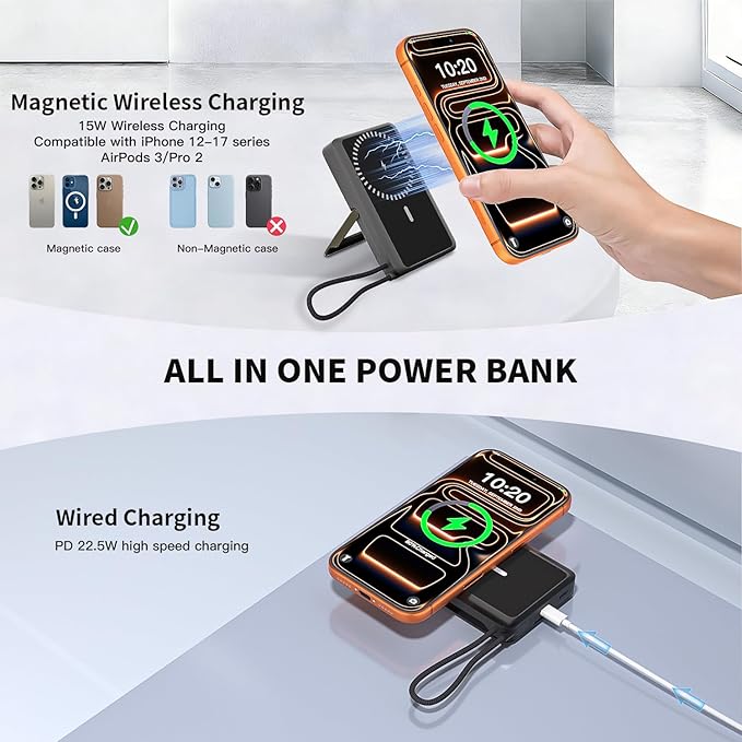 10000mAh Magnetic Wireless Power Bank Fast Charging , Mag-Safe Protable Charger Bulit in USB C Cable and Stand 22.5W PD USB C Fast Charger,Magnetic Battery Pack for iPhone 17 Pro/17 Air/16/15/14/13/12