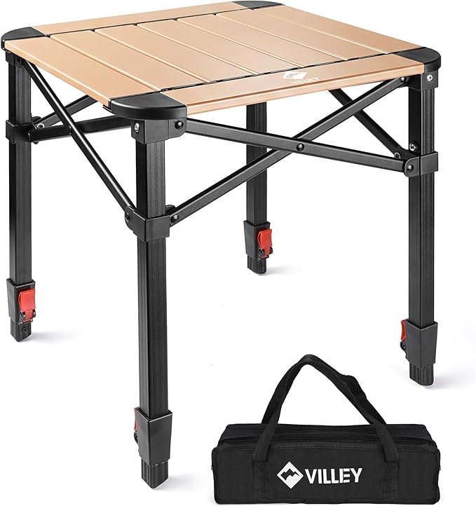 VILLEY Folding Camping Square Table with Carry Bag, Lightweight Aluminum Adjustable Square Table for Outdoor, Camping, Picnic, Backyards, BBQ, Small