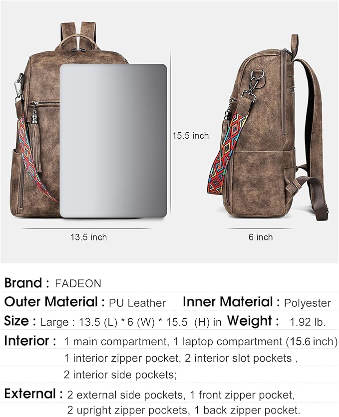FADEON Leather Laptop Backpack for Women Designer 15.6 inch PU Laptop Bag, Ladies Travel Computer Work Backpack Grey