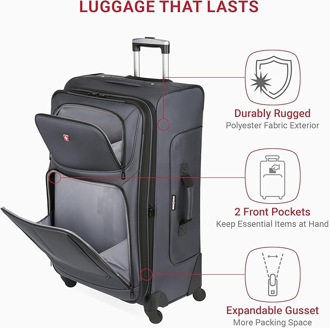 SWISSGEAR Sion Softside Expandable Spinner Luggage Durable Lightweight Travel Suitcase, Dark Grey, 3-Piece Set (21/25/29)